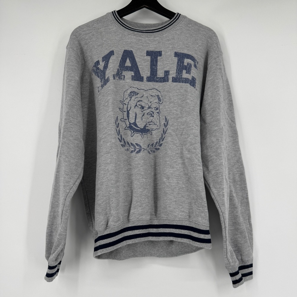 Yale University Bulldog Graphic Sweatshirt Gray Navy Striped Trim Mens Medium